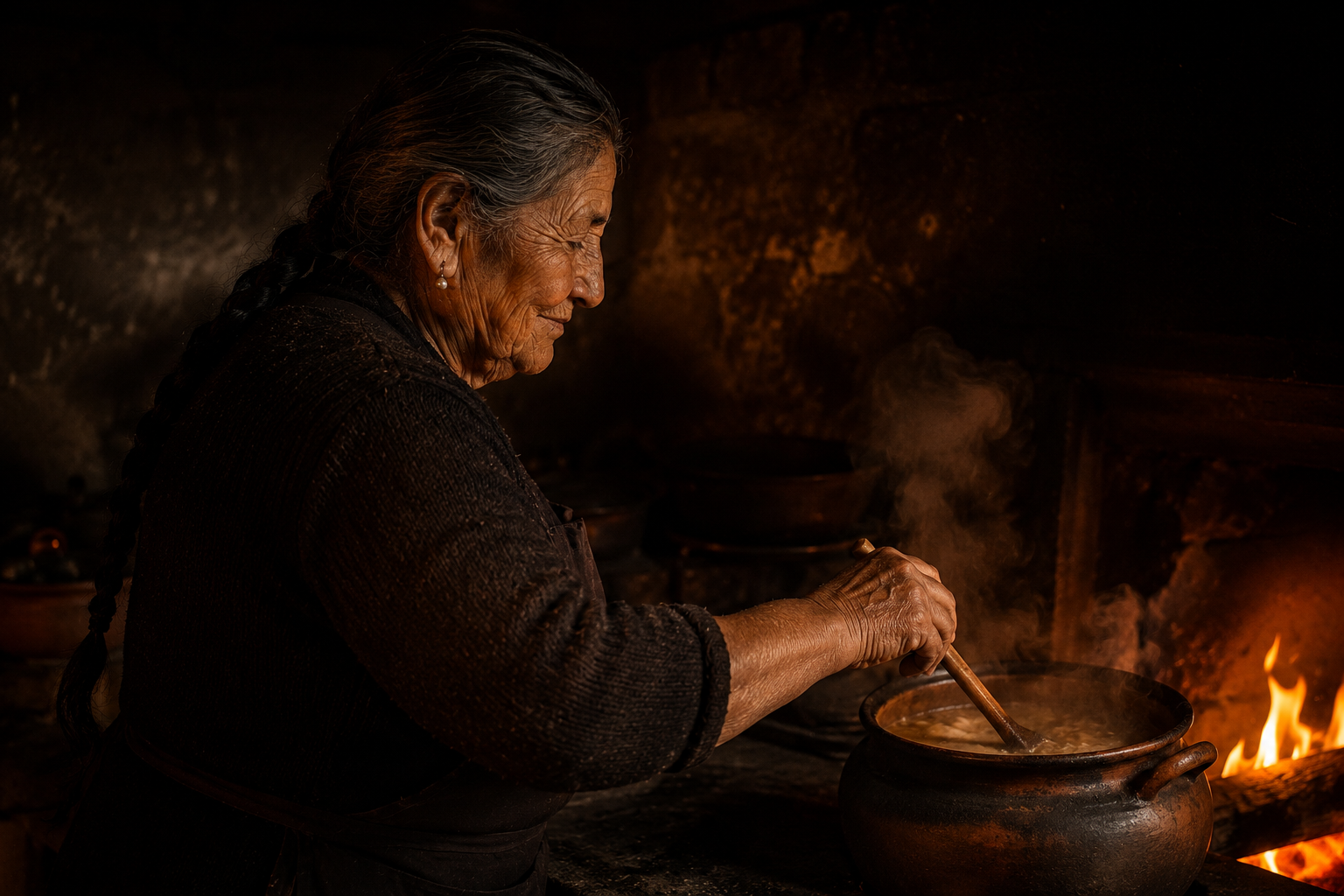Cocinera de campo trabajando junto a su cocina a leña