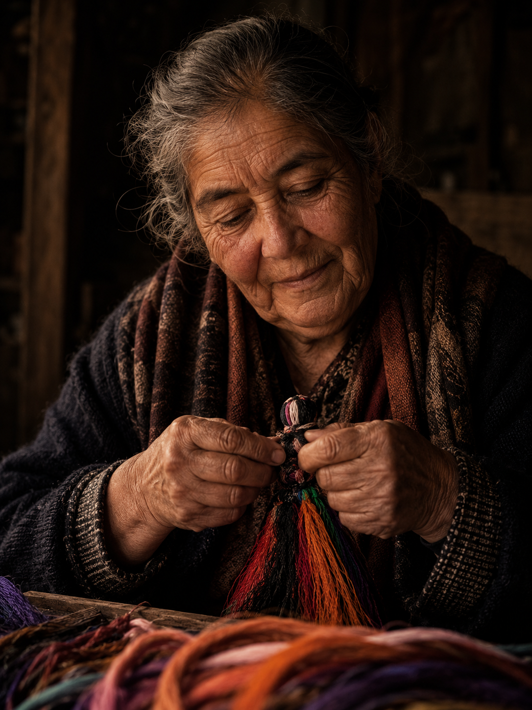 Retrato de Clarisa, tejedora en crin de Rari, con hebras de colores entre los dedos